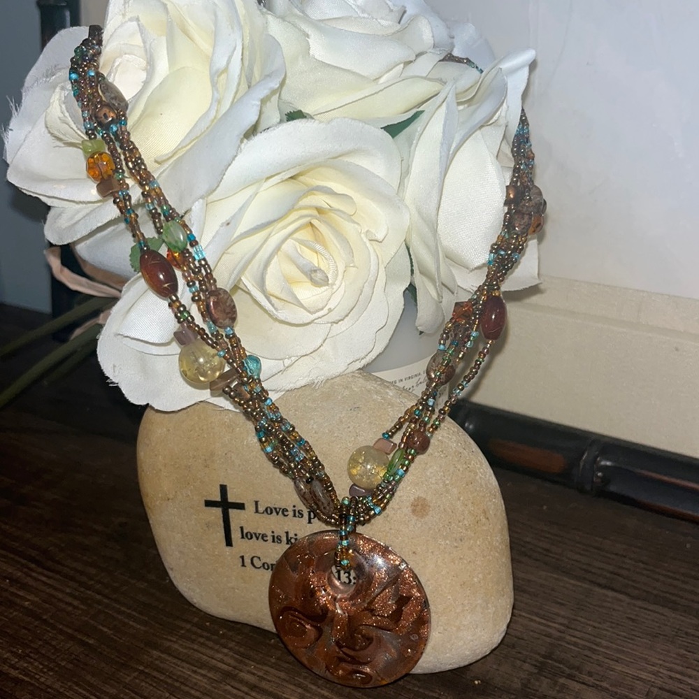 Vintage necklace, 10 Strand Multi Strand, Copper color Round Murino Glass EUC